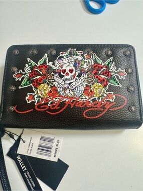 NWT Ed Hardy Black Wallet with Red Script and Multicolor Skull Graphic